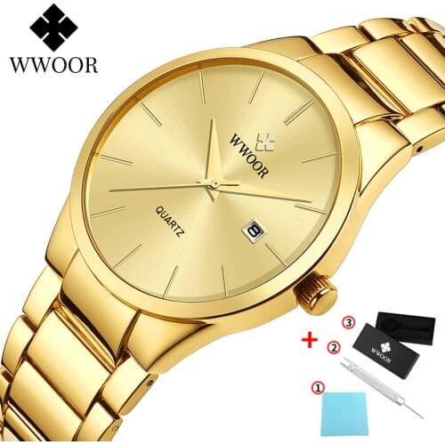 WWOOR Men Watches 2021 Luxury Brand Gold Full Steel Quartz Wristwatch Men Sport Waterproof Date Watch With Box Relogio Masculino