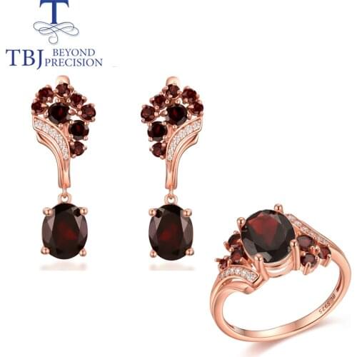 TBJ, 12ct Natural Red garnet Gemstone silver Jewelry set Ring Earring oval cut 8*10mm fine jewelry for women mom nice gift