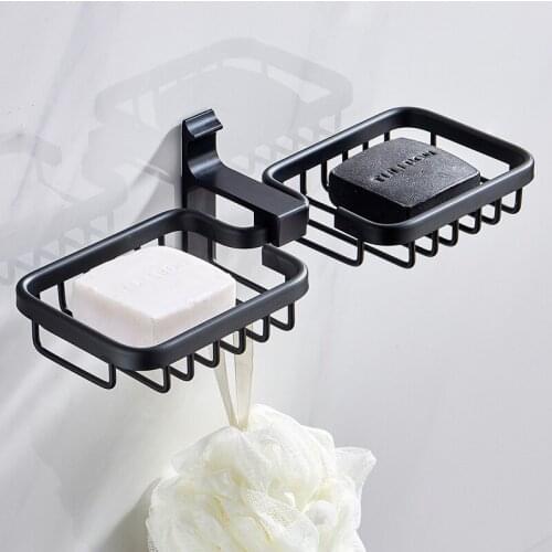 Wall Mounted Soap Dishes Bathroom Soap Sponge Holder Storage Rack Black Aluminum Soap Rack Soap Holder Bathroom Accessories