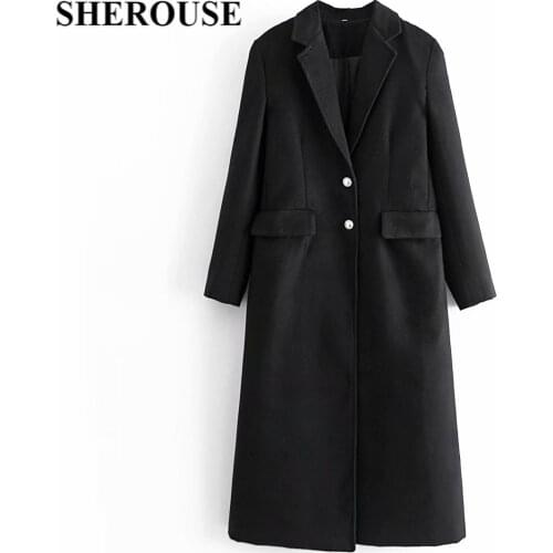 DUOPERI Women Fashion Oversized Tweed Long Coat Vintage Pockets Lapel Collar Single-breasted Long Sleeves Woman Warm Outwear