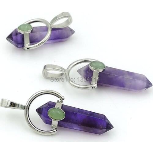 Natural Amethys PointS & Green Aventurine Bead Pendants Hexagon Pillar Glued Copper Swing Casing Approx 47*17mm