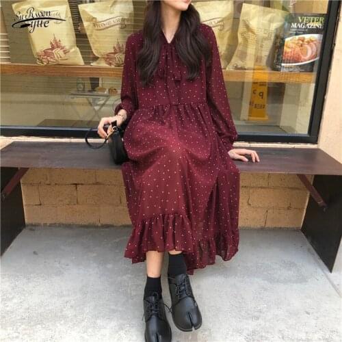 Chiffon Women Dresses 2021 Long Sleeve Dot Maxi Dress Casual Vintage Party Dress Fairy Elegant Robe Femme Clothing 10860