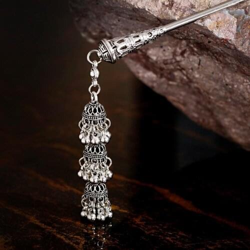 Vintage Silver Color Bohemian Ethnic Hairpin Alloy Birdcage Shape Pendant Bead Tassel Long Pendant Hairpin 2020 Gypsy Jewelry