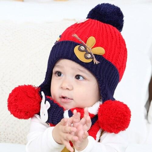 Knitting Baby Cap Children Warm Hat+Scarf Two Piece Set Cotton Rabbit Boys & Girls Hats Winter Gift,baby Scarf