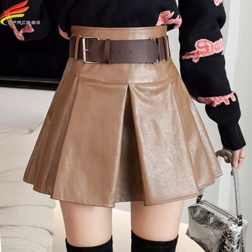 New 2021 Autumn Winter Leather Skirt Women With Lining Korean Fashion Style High Waist Khaki Black A Line Mini Skirts Free Belt
