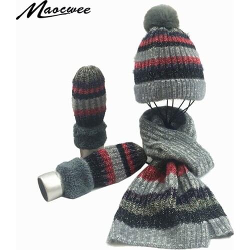 Womens Girl Hat Scarf Glove Set 3 Piece Sets Twist stripes Cap Gorros Bonnet Wool New Beanie Skullies Knitted Winter Hats