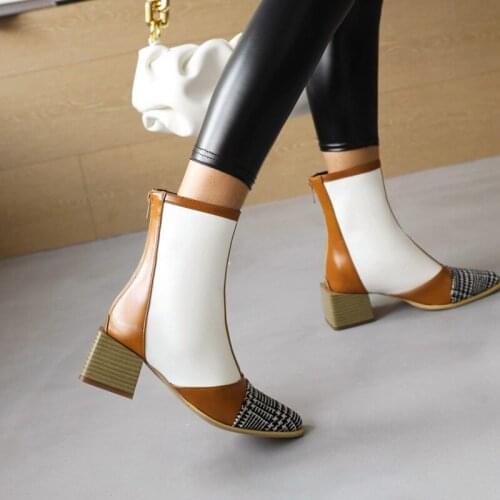 Ochanmeb 2021 New Mixed Color Boots Women Chic Square Block Heels Short Booties Woman Big Plus Size 47 48 Jean Denim Boots Shoes