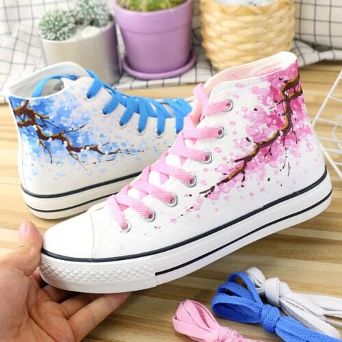 New Womens High-top Hand-painted Sakura Canvas Shoes Japanese Novelty Harajuku Women White Breathable Casual Sneakers