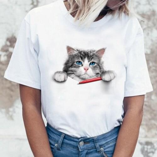2020 Women Shirts Summer Short Sleeve O-neck Cute Cat T Shirt Korean Style Casual Funny Kawaii Animal Graphic Tees Ladies Tops