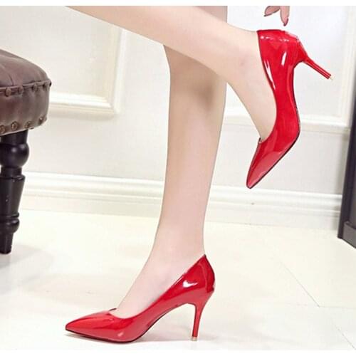 Woman Pumps Office Work Shoes High Heels Patent Leather Dress Shoes Pointed Toe Thick Heels White Wedding Shoes Black Plus Size