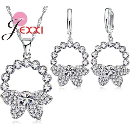 Women Engagement Jewelry Sets Fashion 925 Sterling Silver Chain Hollow Round Butterfly CZ Crystal Necklace Earrings