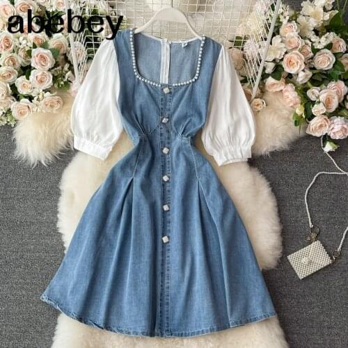2021 New Summer Fashion square collar puff sleeve Dress Beaded decoration high waist pleated single breasted denim Dress