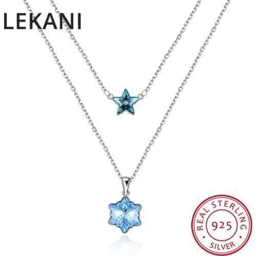 LEKANI Trendy Crystals From SWAROVSKI Snowflake Star Pendants Necklaces Real S925 Silver Double Chains Collier For Women Wedding