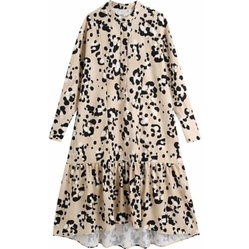 Evfer Women Vintage Leopard Pirnt Hm Autumn Loose Long Dresses Female Casual Long Sleeve O-Neck High Waist Sprint Shirt Dress