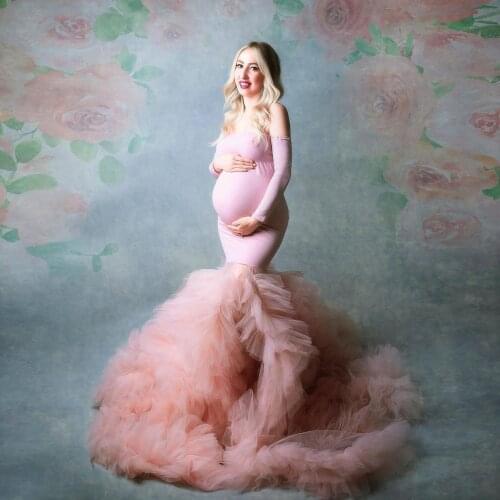 Pink Off The Shoulder Tulle Long Mermaid Robe Luxury Fluffy Ruffles Mesh Maternity Dresses To Photo Shoot Pregnancy Women Dress