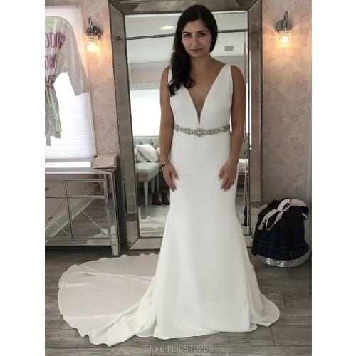 Cornaboutik Crepe Mermaid Wedding Dress Beaded V Neck Real Made V Back Bridal Gowns Custom Made Robe De Mariage Casamento