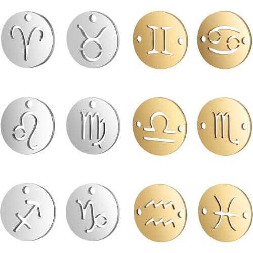 10pcs/lot Hypoallergenic 316L Stainless Steel 12 Constellations Charms Hollow Out Round Connector Pendants DIY Jewelry Findings