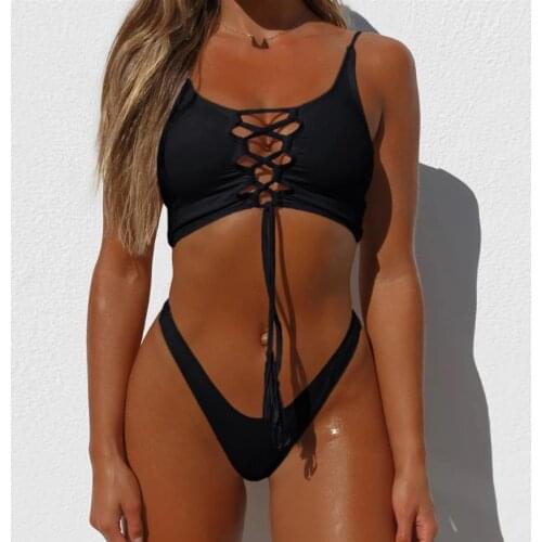 2021 Sexy Womens Swimsuit Lace Up Bandage Bikini Set Solid Color Two Pieces Swimwear Biquini Summer Bathing Suit Beachwear