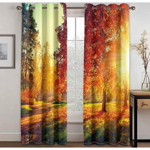 3D Autumn Natural Forest Scenery Adult Bedroom Living Room Curtain Shading Can Be Customized Curtain with Hook Accessories