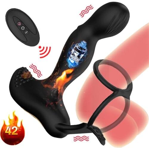 Anal Vibrator with Penis Ring Delay Ejaculation Heating Double Ring Male Prostate Massage Remote Control Butt Plug Sex Toys