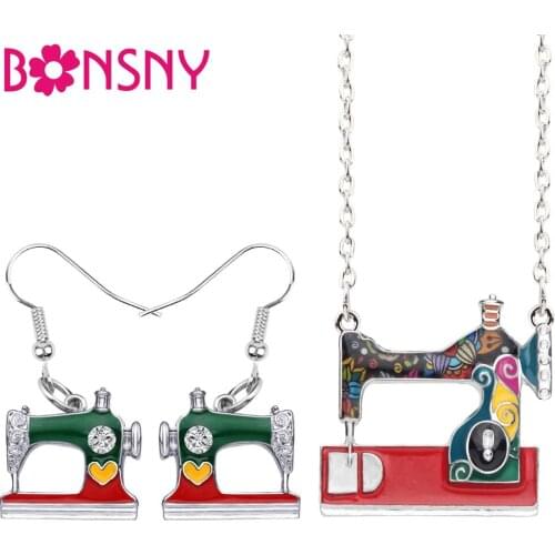 Bonsny Statement Enamel Alloy Sewing Machine Earrings Necklace Pendant Novelty Tools Jewelry Sets For Women Girl Gift Charms New