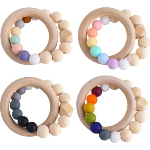 Baby Nursing Bracelet Rainbow Silicone Teether Wood Teething Rattles Nursing Toy