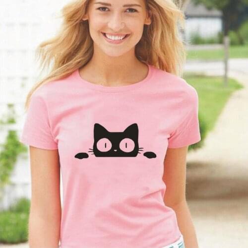 Funny Cat Peeking Print Women Tshirt Cotton Summer Short Sleeve Tee Shirt Femme Harajuku T Shirt Women Tops Loose Camiseta Mujer