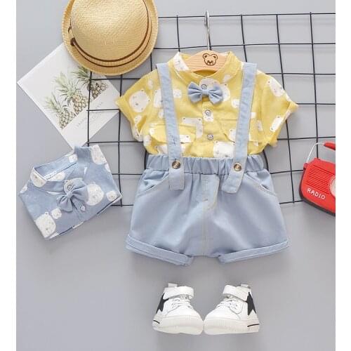 NEW Fashion Children Boys Girls Infant Clothes Cartoon Bear T-Shirt Strap Shorts 2pcs/Sets Toddler Cotton Clothing Tracksuit SET