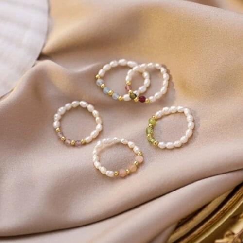 Cute Multi Beaded Imitation Pearl Rings for Women Gril Colorful Crystal Adjustable Rope Chain Continuous Circle Minimalist Ring