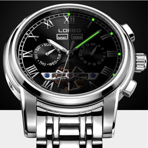 LOREO Fashion Business Automatic Watch Men Luxury Mechanical Tourbillon Clock Stainless Steel Waterproof Sport Brand watch