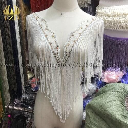 FZD 1 Set front and back Hot sale Clear White Stone Tassel Patches beads for Wedding Dresses, DIY Decorative Clothes accessories