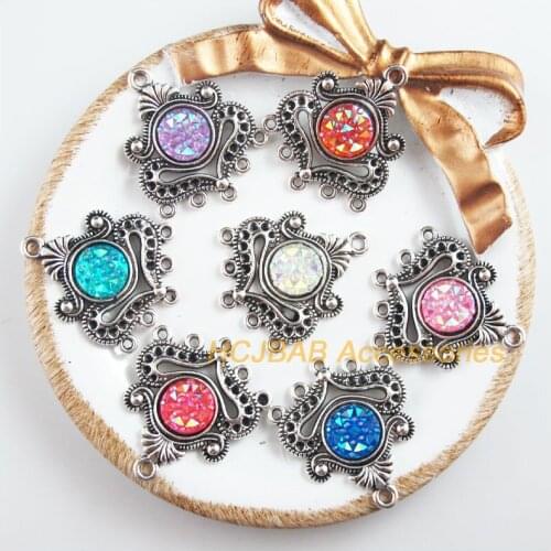 New 7Pcs Tibetan Silver Tone Retro Heart Mixed Round Resin Charms Connectors 26x31mm