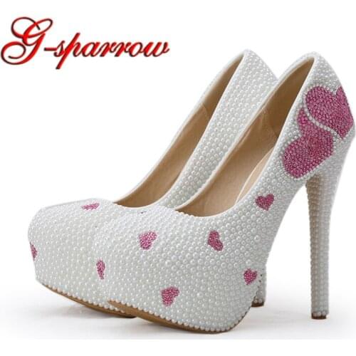 2018 New Designer White Pearl Wedding Dress Shoes 5 Inches High Heels Formal Dress Shoes Pink Rhinestone Heart Shape Pumps