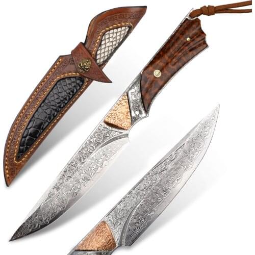 Hot Damascus VG10 Hunting Tactical Knife and Sheath One Steel Camping Fixed Blade EDC Survival Tool Self-defense