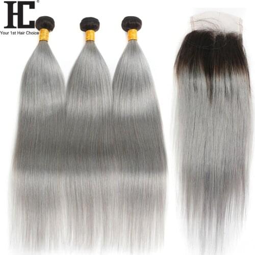 HC 1B/Grey Brazilian Straight Hair Bundles With Closure 4 Pcs Ombre Bundles With Closure Remy Human Hair Extensions With Closure