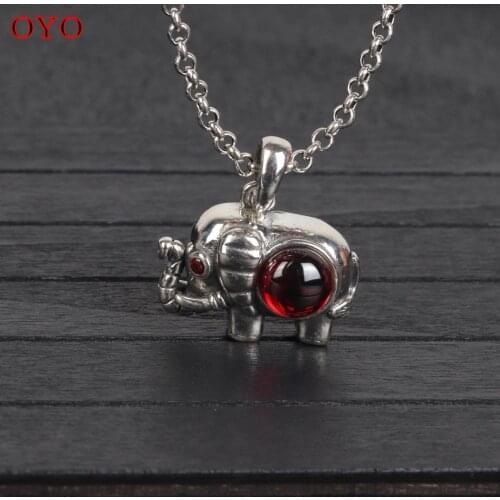 S925 sterling silver baby elephant pendant red garnet zircon retro shiny pendant three-dimensional hollow elephant design pendan