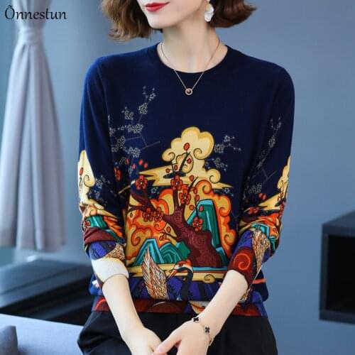 Print Sweater Women Autumn Spring Pullovers Knitted Sweater Chinese Style Long Sleeve Top Pull Femme Plus Size Sweaters