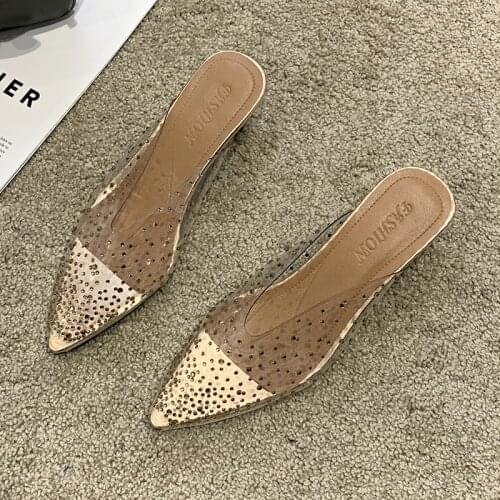 Sexy High Heels New Summer Shoes Woman Metal Buckle Transparent Square Mid Heel Mules Shoes Female Strap Fashion Slippers Women