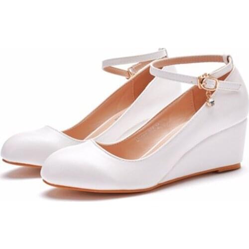 Large size high-heeled shoes with round toe slope single shoes with buckle buckle wedge heels womens shoes white