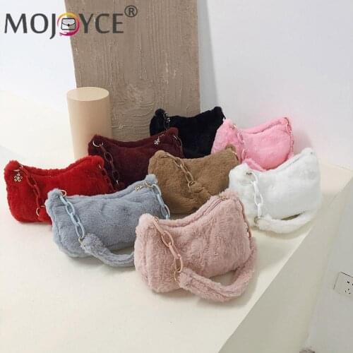 Vintage Women Autumn Winter Pure Color Shoulder Underarm Bag with Acrylic Chain Portable Long Plush and Lamb Wool Zipper Handbag
