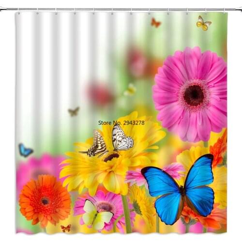 Waterproof Shower Curtain Bathroom Butterfly Flower Printed Polyester Cloth Bathroom Curtain with Hooks Home Decor