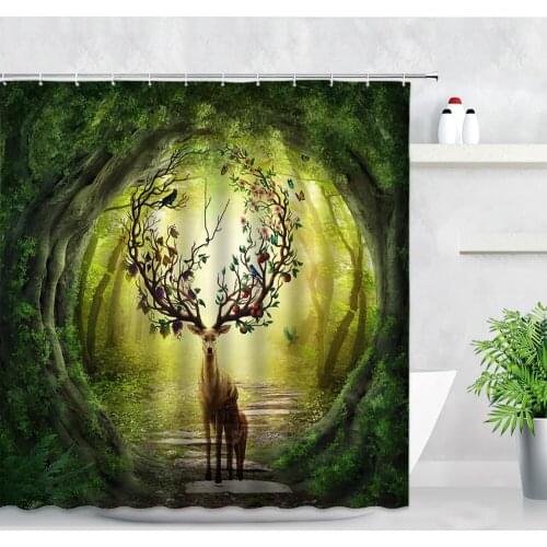 Elk Forest Waterproof Shower Curtain Set Red Maple Leaves Rural Scenery Fabric Wall Decor Bathroom Polyester Bath Curtains Hooks