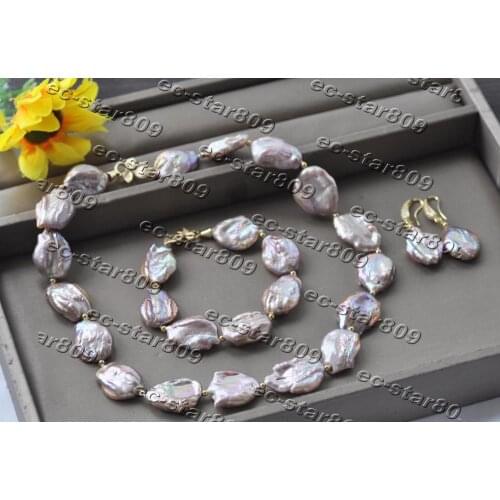 Z11337 SET 22mm Lavender Coin Keshi Pearl Necklace Bracelet Earring CZ Women Fashion Jewelry