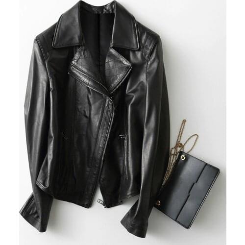 Fad New Spring Autumn Genuine Leather Jacket Women Streetwear Slim Vintage Sheepskin Leather Jacket Coat A038