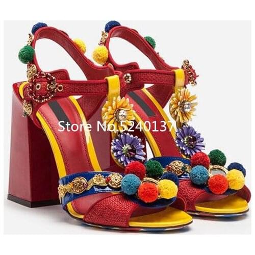 Gladiator Pompom Decoration Red Women Sandals Open Toe Rivets Buckle Strap Mixed Color Chunky Heel Sandals Female