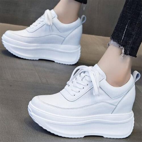 Womens White Cow Leather Ankle Boots Platform Wedge Fashion Sneakers High Heel Oxfords Creepers Shoes Round Toe Casual
