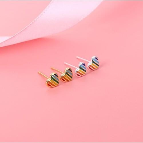 Romantic Rainbow Enamel Heart Stud Earrings For Women Statement Korean 925 Sterling Silver Cute Gold Earring Party Gifts Fashion Jewelry 2019