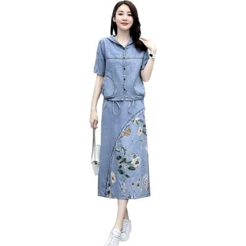 Denim Skirts Set Womens Summer 2021 New Long Skirt Suit Hooded Printing Female Two-Piece Short-Sleeved Jeans Outfit Ladies L556