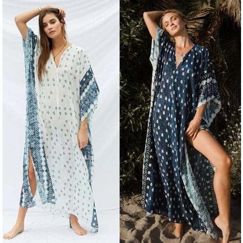 Women Batwing Sleeve Bikini Swimsuit Cover Up Sexy V-Neck Geometry Print Muslim Kaftan Side Split Loose Beach Maxi Dress