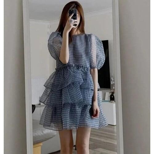 KoukiMa Women Tea Break Plaid Mini Dress 2021 Fashion Puff Sleeve Striped Lattice Ruffles Women Dresses Kawaii Clothes Jupe XL